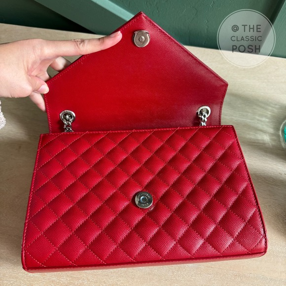 EUC Saint Laurent YSL Triquilt Medium Envelope Flap Pebbled Silver HW - Picture 11 of 13